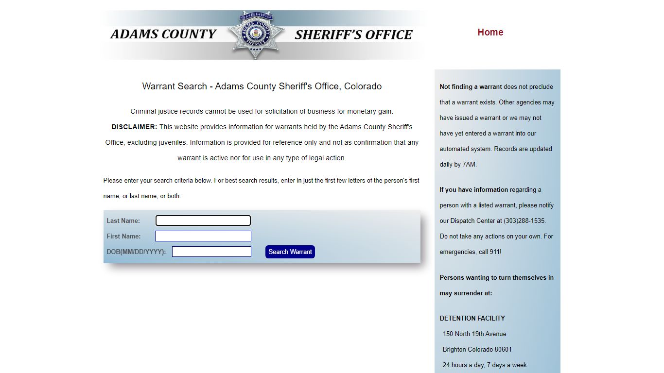 Warrant Search - Adams County Sheriff's Office, Colorado